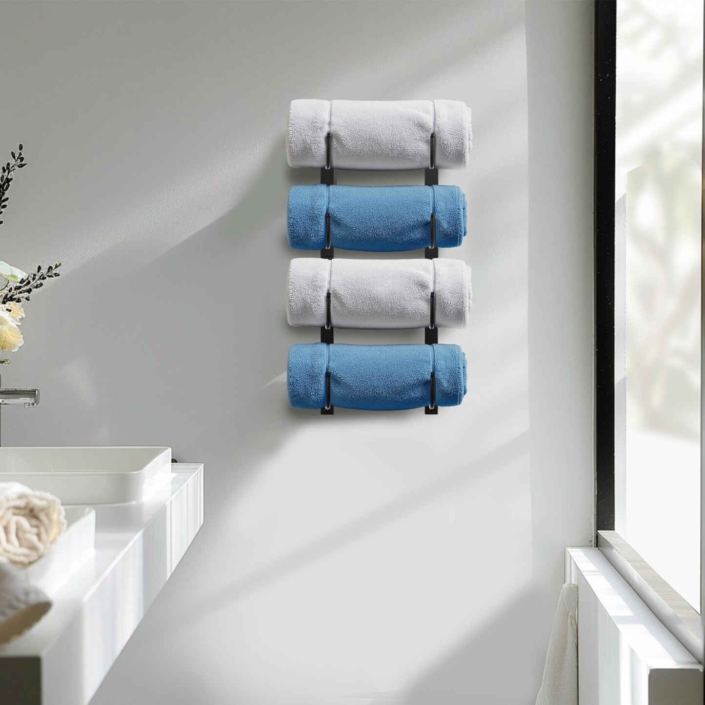Bathroom Rolled Towel Rack: 4-Tier Wall Mounted Towel Storage Holder, Hanging Organizer for Towels, Blankets, Large Bath Sheets, Space Saving in RV, Closet, Toilet, Cabinet, Black Metal