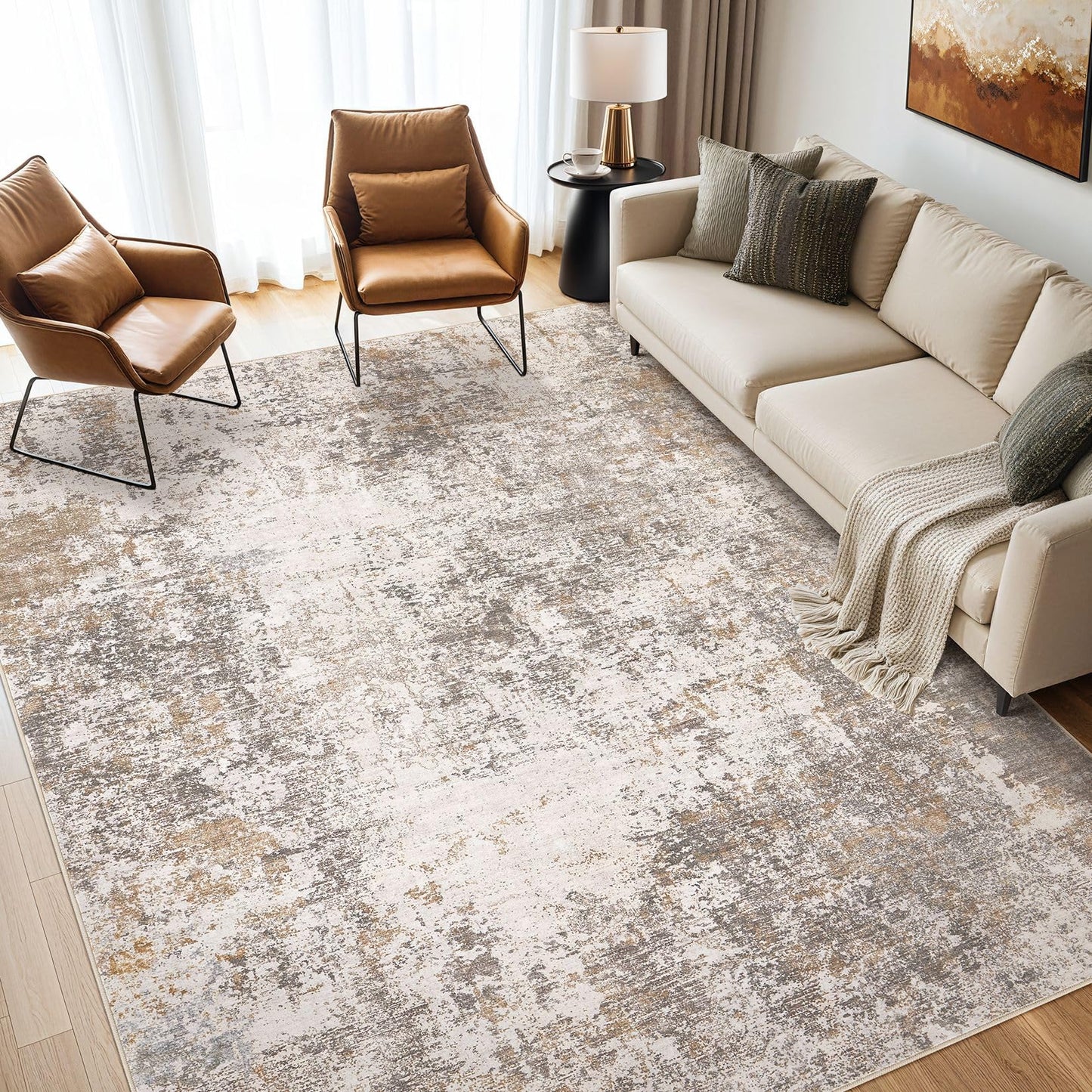 Area Rugs for Living Room: 10x12 Large Soft Washable Rug Modern Abstract Non-Slip Backing Stain Resistant Carpet for Bedroom Dining Room or Home Office Home Decor - Brown