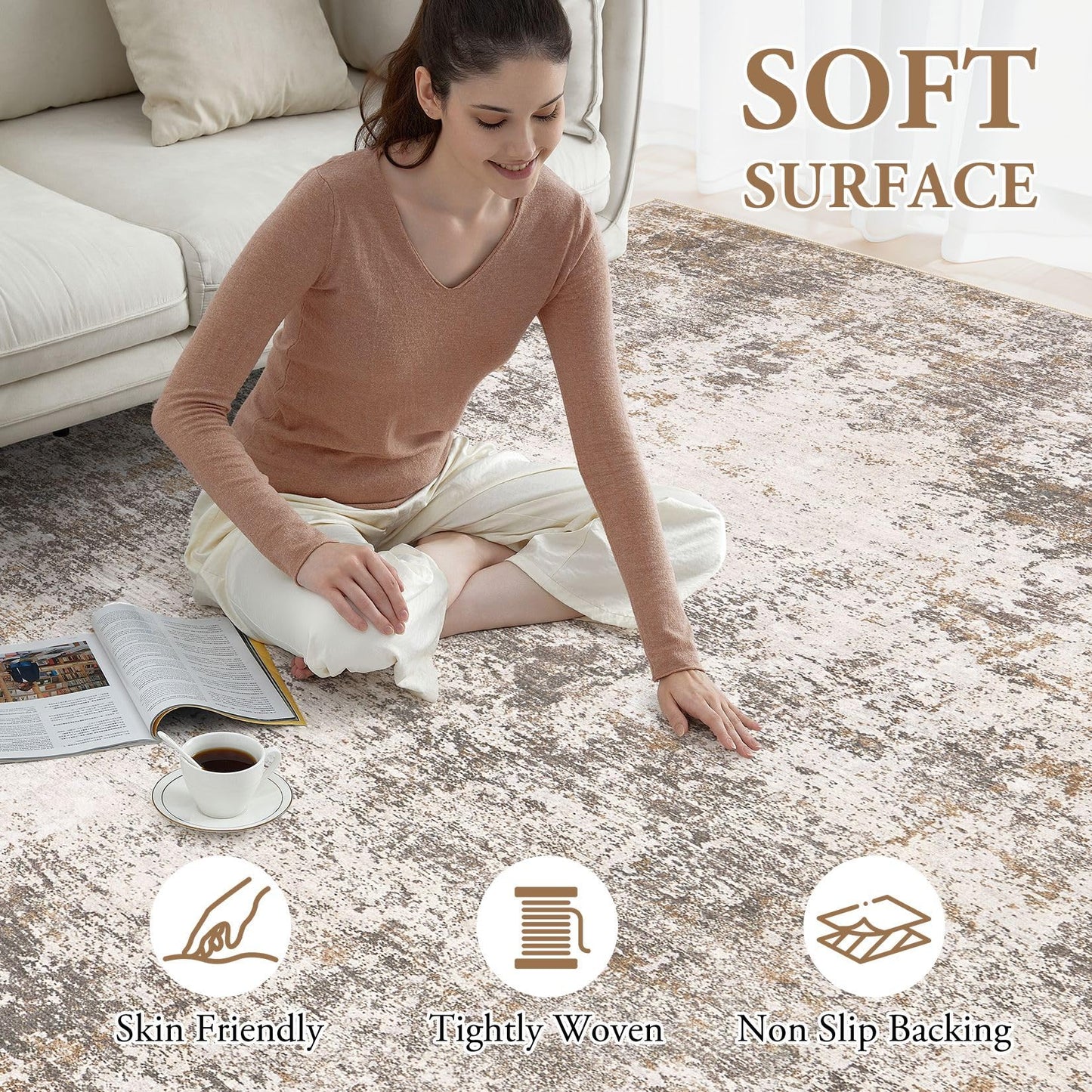 Area Rugs for Living Room: 10x12 Large Soft Washable Rug Modern Abstract Non-Slip Backing Stain Resistant Carpet for Bedroom Dining Room or Home Office Home Decor - Brown