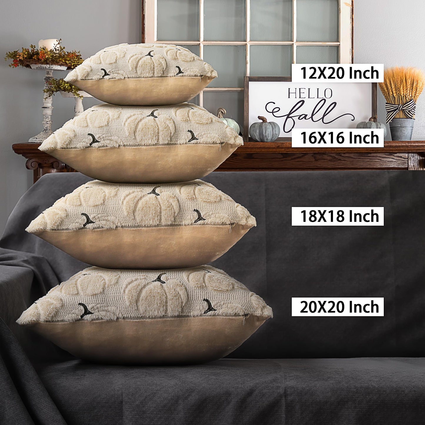 4TH Emotion Fall Pumpkins Decorative Pillow Covers 18x18 Set of 2, Beige Soft Plush Faux Fur Wool Farmhouse Throw Cushion Cases for Autumn Thanksgiving Holiday Home Decorations