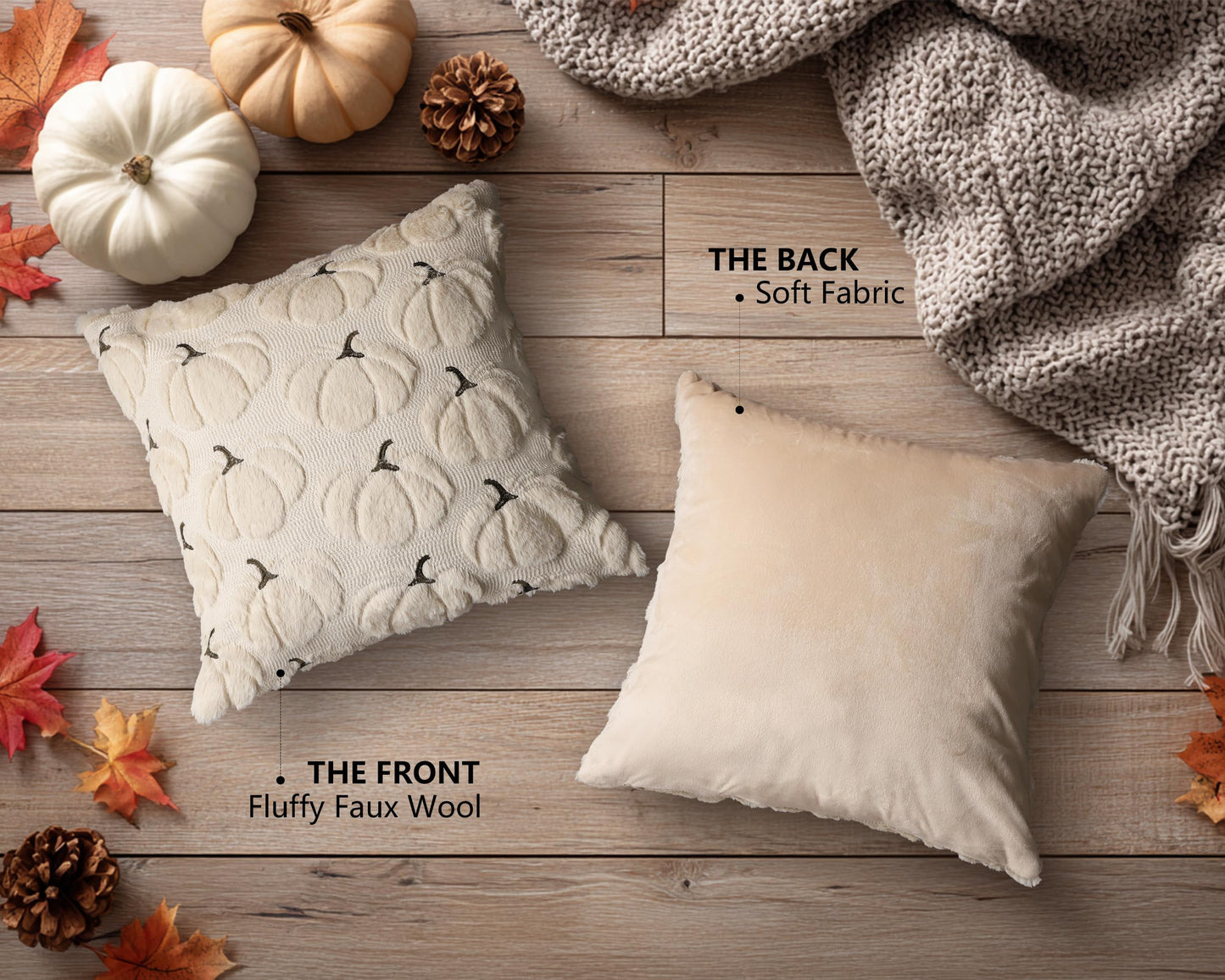 4TH Emotion Fall Pumpkins Decorative Pillow Covers 18x18 Set of 2, Beige Soft Plush Faux Fur Wool Farmhouse Throw Cushion Cases for Autumn Thanksgiving Holiday Home Decorations