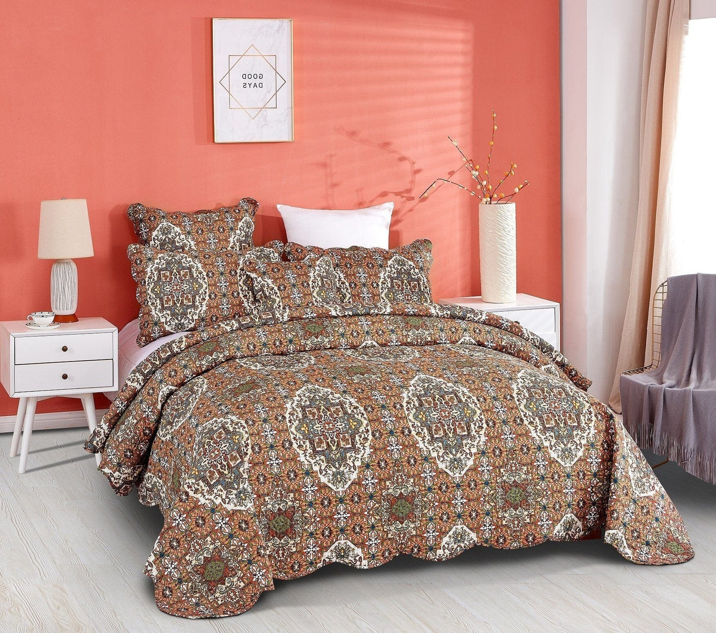 DaDa Bedding Rustic Earthy Cross Motif Folk Ogee Moroccan Scalloped