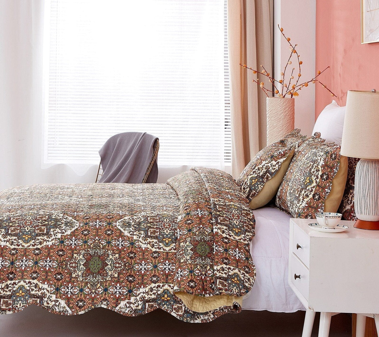 DaDa Bedding Rustic Earthy Cross Motif Folk Ogee Moroccan Scalloped