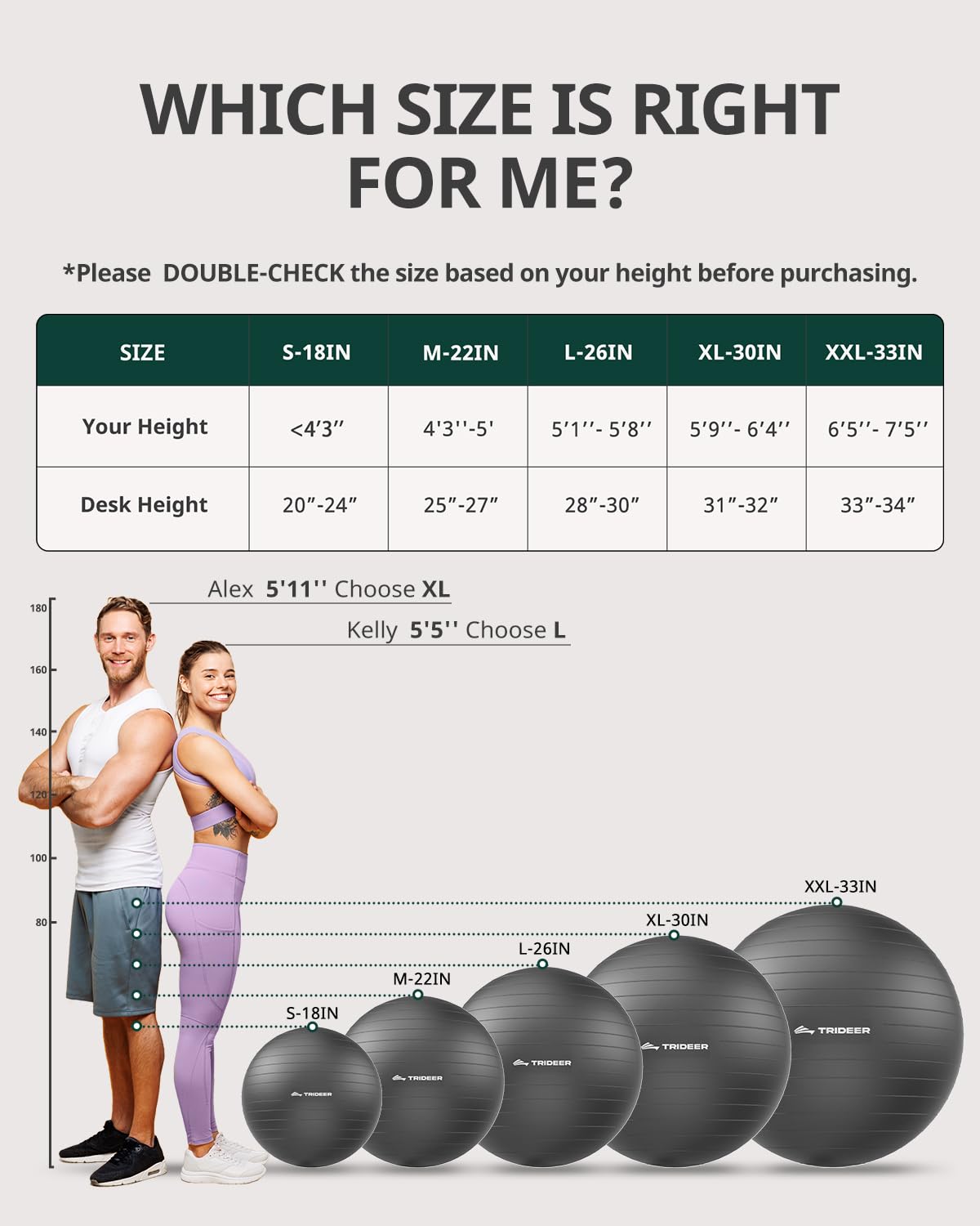 Trideer Yoga Ball for Exercise, Pregnancy & Birthing, 5 Sizes Exercise Ball for Physical Therapy, Stability, Fitness, Quick Pump Included