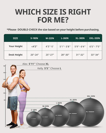 Trideer Yoga Ball for Exercise, Pregnancy & Birthing, 5 Sizes Exercise Ball for Physical Therapy, Stability, Fitness, Quick Pump Included
