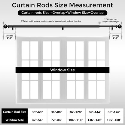 Black Curtain Rods for Windows 48 to 84 Inch, Adjustable Heavy Duty 1" Diameter Decorative Curtain Rod with Matte Black Round Finials, Modern Easy Install Extendable Metal Drapery Pole Set