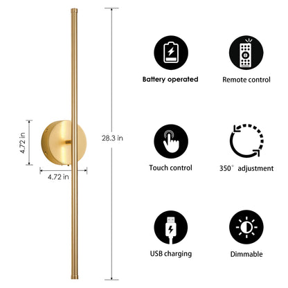 KARTOOSH Battery Operated Wall Sconces with Remote Control, Dimmable Wall Sconces Set of Two, 350°Rotate, 3000K LED Gold Wireless Wall Light for Living Room, Bedroom, Hallway, 28.3 Inch (2 Pack)