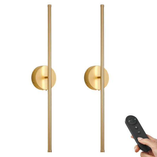 KARTOOSH Battery Operated Wall Sconces with Remote Control, Dimmable Wall Sconces Set of Two, 350°Rotate, 3000K LED Gold Wireless Wall Light for Living Room, Bedroom, Hallway, 28.3 Inch (2 Pack)