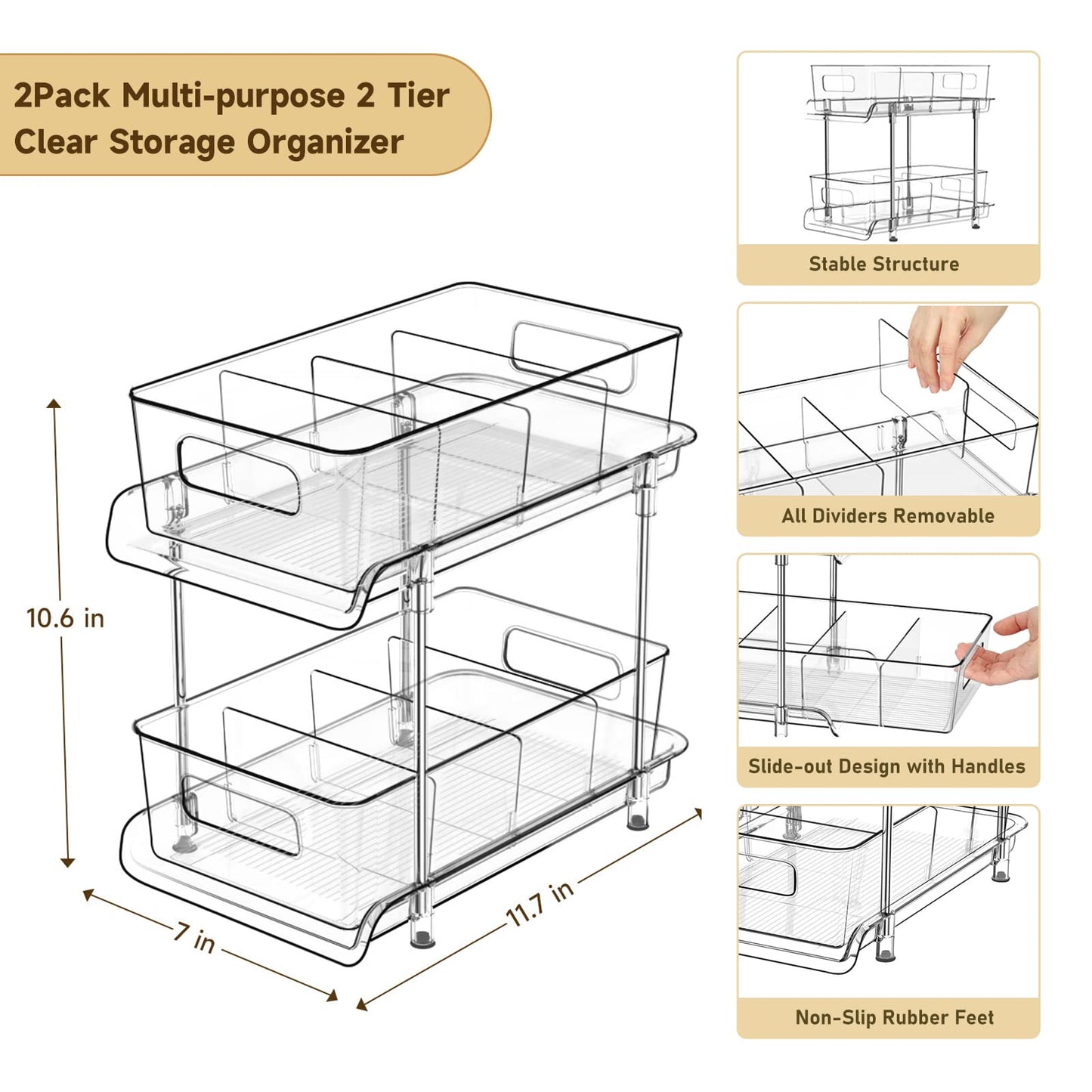 HIHEGD 2-Tier Bathroom Organizer with Dividers, Clear Under Sink and Pull-Out Cabinet Organizer for Kitchen and Pantry Storage