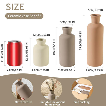 Ceramic Vase Set of 3, Flowers Neutral Modern Vases Home Decor Rustic Farmhouse Decor Pampas Vase for Table Mantel Entryway Shelf Living Room Kitchen Bathroom - Brown