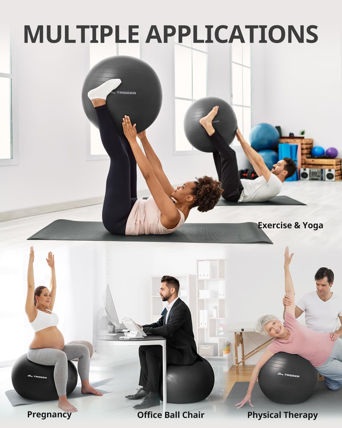 Trideer Yoga Ball for Exercise, Pregnancy & Birthing, 5 Sizes Exercise Ball for Physical Therapy, Stability, Fitness, Quick Pump Included