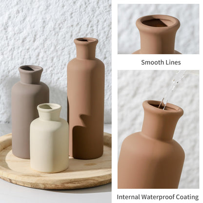 Ceramic Vase Set of 3, Flowers Neutral Modern Vases Home Decor Rustic Farmhouse Decor Pampas Vase for Table Mantel Entryway Shelf Living Room Kitchen Bathroom - Brown