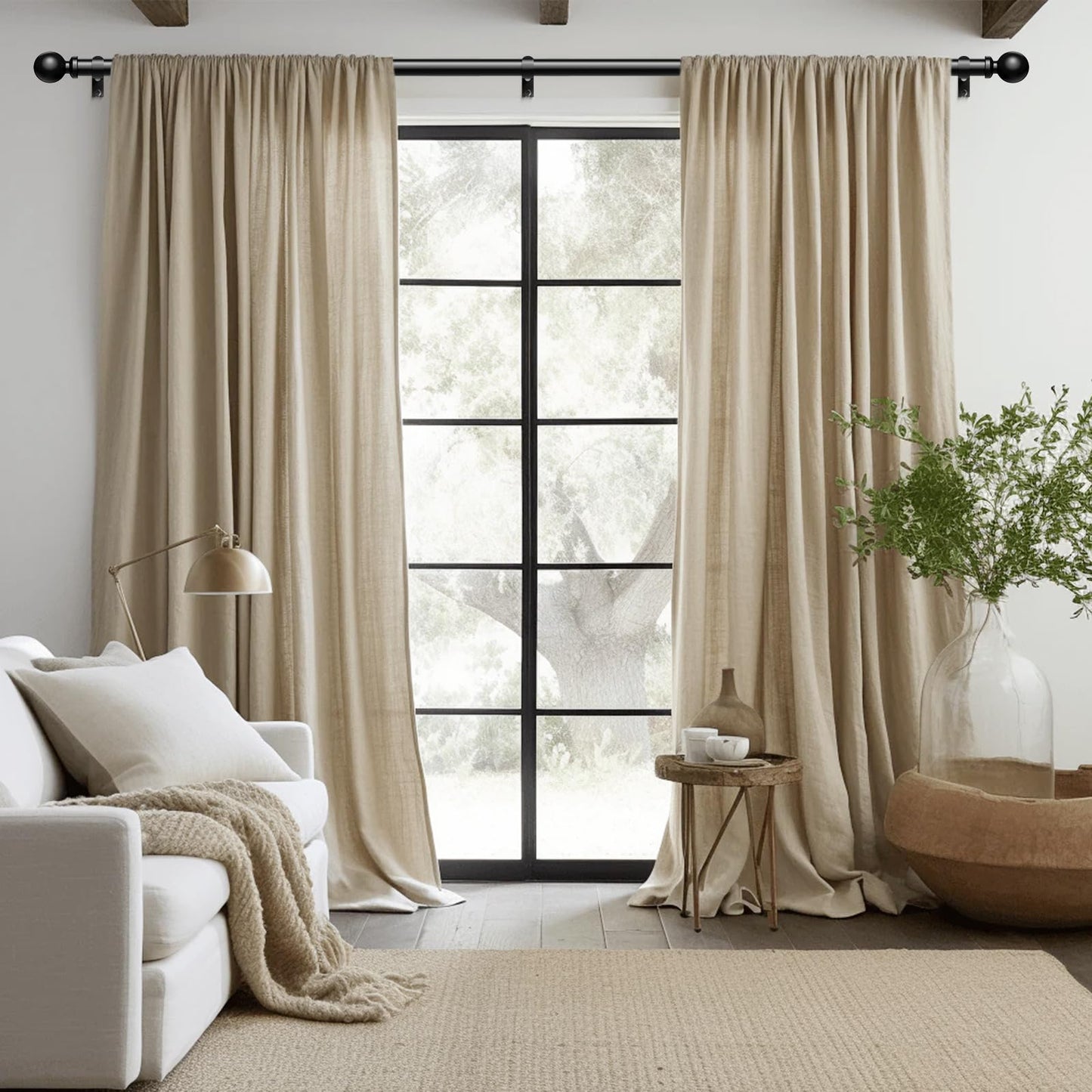 Black Curtain Rods for Windows 48 to 84 Inch, Adjustable Heavy Duty 1" Diameter Decorative Curtain Rod with Matte Black Round Finials, Modern Easy Install Extendable Metal Drapery Pole Set