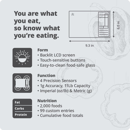 Greater Goods Nutrition Scale (Non‑Connected) – Food Grade Glass, 2,000 Food Codes Preloaded, Compact (9.33"x6.02"x0.91") for Portion Control & Meal Prep