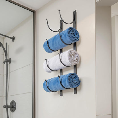 Bathroom Rolled Towel Rack: 4-Tier Wall Mounted Towel Storage Holder, Hanging Organizer for Towels, Blankets, Large Bath Sheets, Space Saving in RV, Closet, Toilet, Cabinet, Black Metal