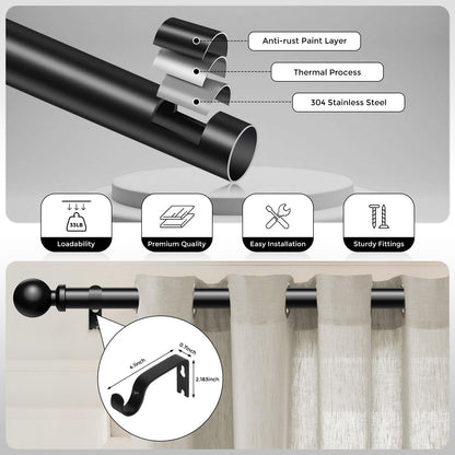 Black Curtain Rods for Windows 48 to 84 Inch, Adjustable Heavy Duty 1" Diameter Decorative Curtain Rod with Matte Black Round Finials, Modern Easy Install Extendable Metal Drapery Pole Set