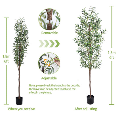 CETRD Artificial Olive Tree, 6FT Tall Faux Olive Trees 72in Outdoor Fake Potted Silk Plant with Trunk and Realistic 648 Leaves and 24 Fruits for Modern Office Home Decor Indoor（1pack）