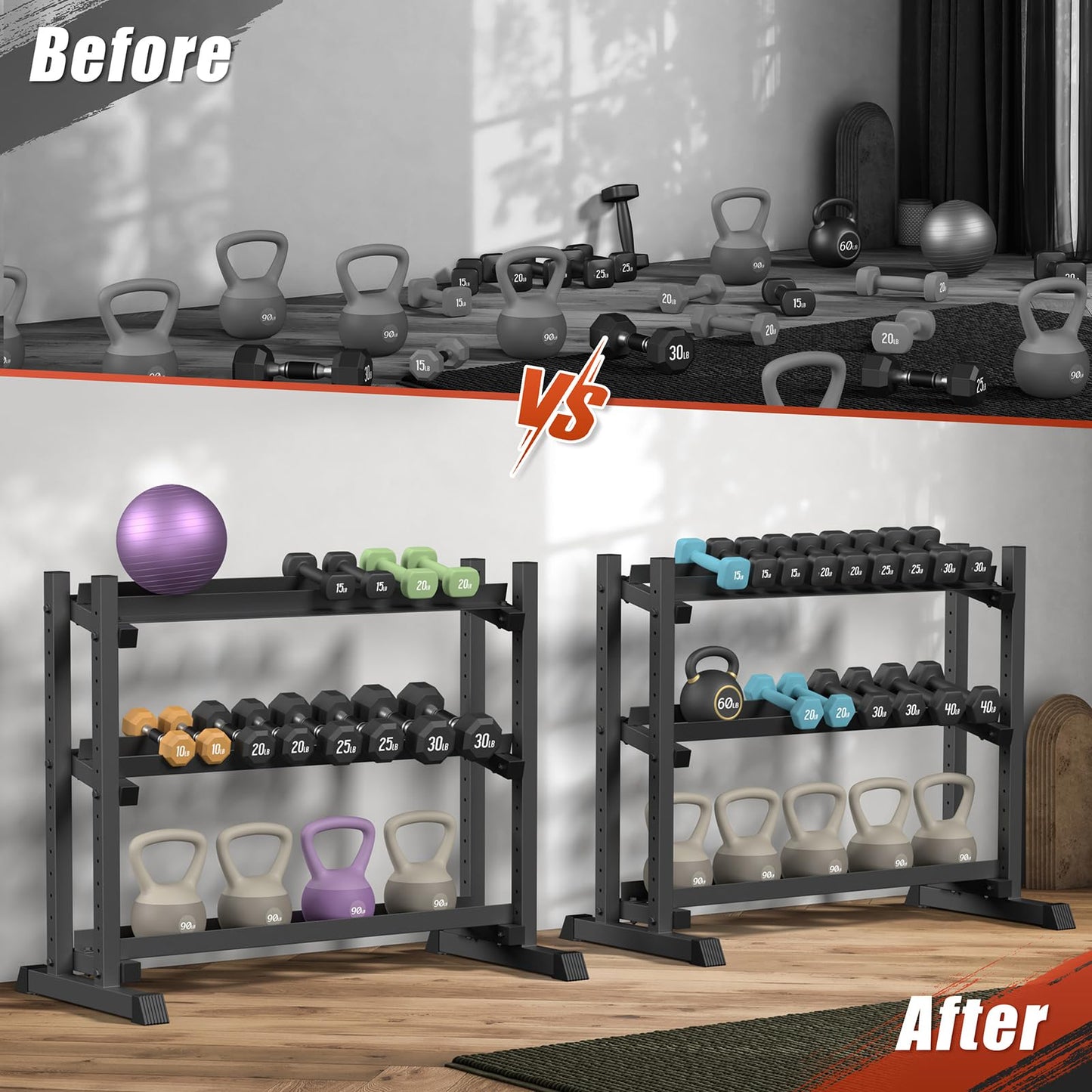 3-Tier Dumbbell Rack Stand Only, 1200LB Capacity Jusgym Adjustable Weight Rack for Home Gym, Heavy-Duty Weight Stand for Dumbbells Kettlebells