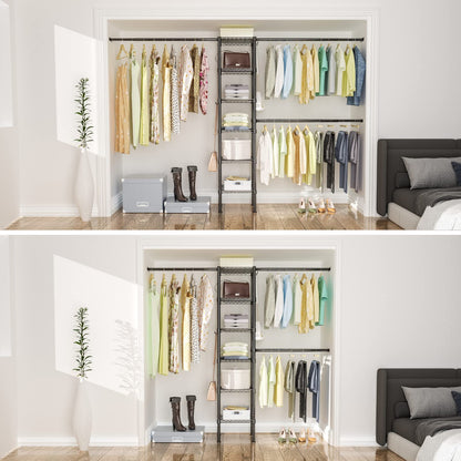 Ulif M1 Closet Storage Organizer System, 6 Tiers Heavy Duty Metal Garment Rack with 3 Expandable Hanger Rods, Wall Mounted Space Saver Suits from 5.4-8.7 ft. Width, 71.2”H x 14”D, 700LBS, Black