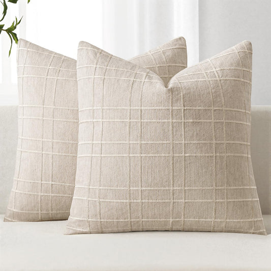 MIULEE Decorative Linen Check Throw Pillow Covers Neutral Farmhouse Vintage Pillow Covers 20x20 Inch Set of 2 Boho Modern Home Decor for Sofa Couch Bedroom Cushion Chair Natural Beige