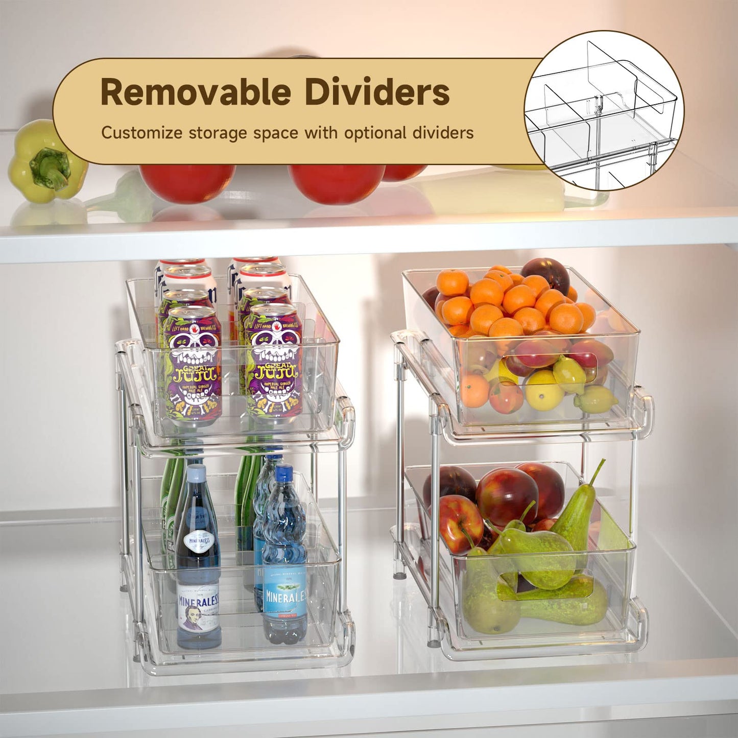 HIHEGD 2-Tier Bathroom Organizer with Dividers, Clear Under Sink and Pull-Out Cabinet Organizer for Kitchen and Pantry Storage