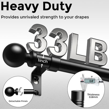 Black Curtain Rods for Windows 48 to 84 Inch, Adjustable Heavy Duty 1" Diameter Decorative Curtain Rod with Matte Black Round Finials, Modern Easy Install Extendable Metal Drapery Pole Set
