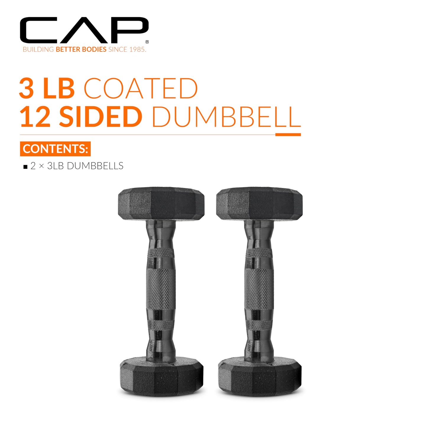 CAP Barbell 12-Sided Coated Dumbbell with Black Handle, Pair, 3 LB