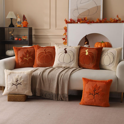 Allorry Fall Pillow Covers 18x18 Set of 2 Fall Beige Pumpkin Embroidery Throw Pillow Covers Soft Plush Faux Fur Cushion Covers for Sofa Bedroom Living Room Autumn Thanksgiving Home Decor PT-010A18