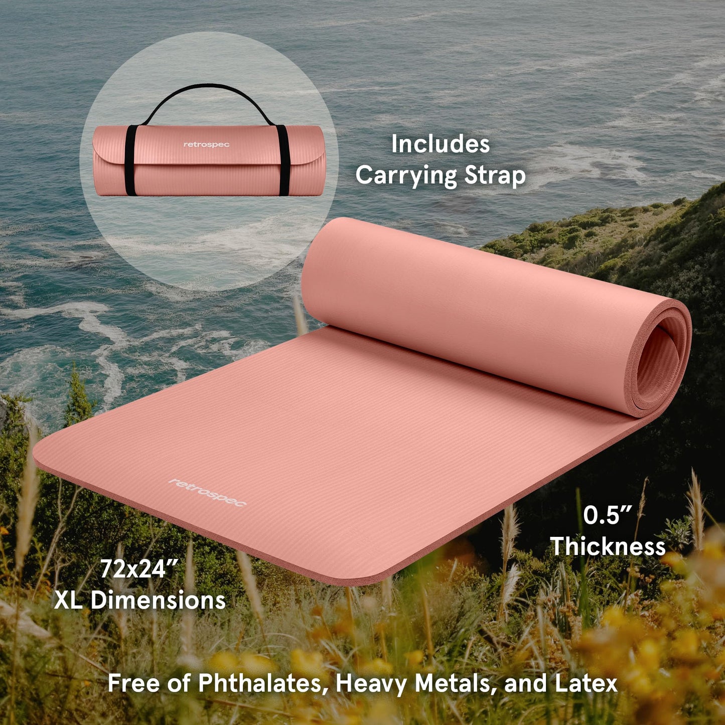 Retrospec Solana Yoga Mat 1/2" Thick w/Nylon Strap for Men & Women - Non Slip Excercise Mat for Yoga, Pilates, Stretching, Floor & Fitness Workouts, Rose
