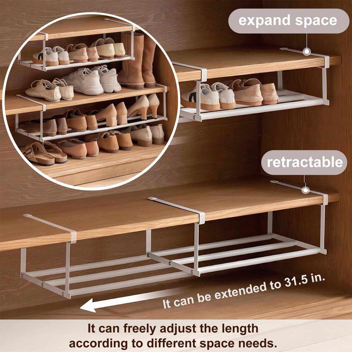 HGZBS Expandable Shoe Rack Organizer - Adjustable Shoe Rack & Under Cabinet Shelf - for Shoe or Clothing Storage and Organization, Under Shelf Storage (White,1 Pcs)