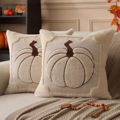Allorry Fall Pillow Covers 18x18 Set of 2 Fall Beige Pumpkin Embroidery Throw Pillow Covers Soft Plush Faux Fur Cushion Covers for Sofa Bedroom Living Room Autumn Thanksgiving Home Decor PT-010A18