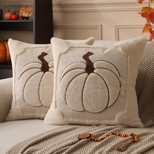 Allorry Fall Pillow Covers 18x18 Set of 2 Fall Beige Pumpkin Embroidery Throw Pillow Covers Soft Plush Faux Fur Cushion Covers for Sofa Bedroom Living Room Autumn Thanksgiving Home Decor PT-010A18