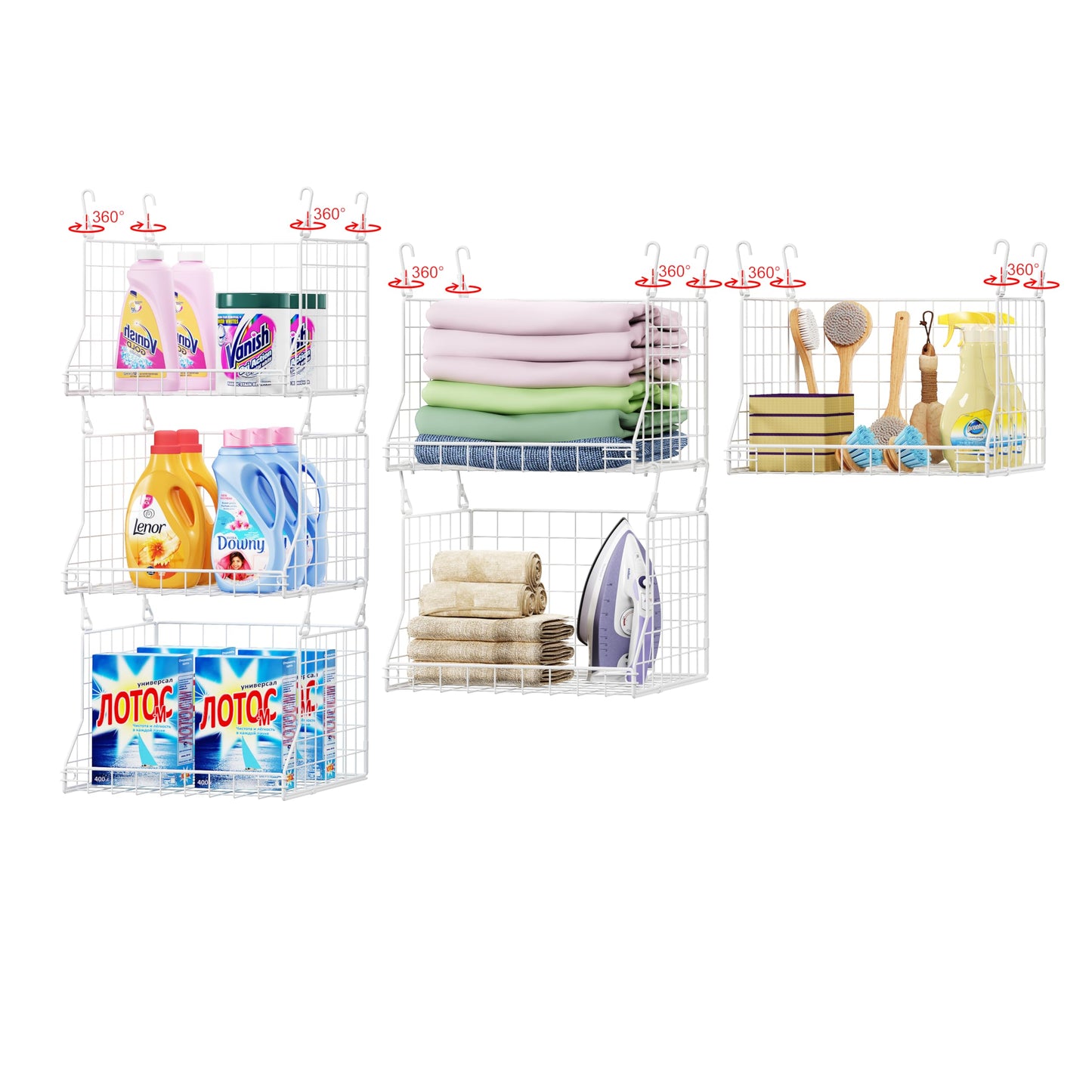 3-Tier Foldable Laundry Basket Organizer with Rotating Hooks - Space-Saving Over Washer and Dryer Shelf for Laundry Room Organization and Storage, Durable Wire Shelving Unit, White