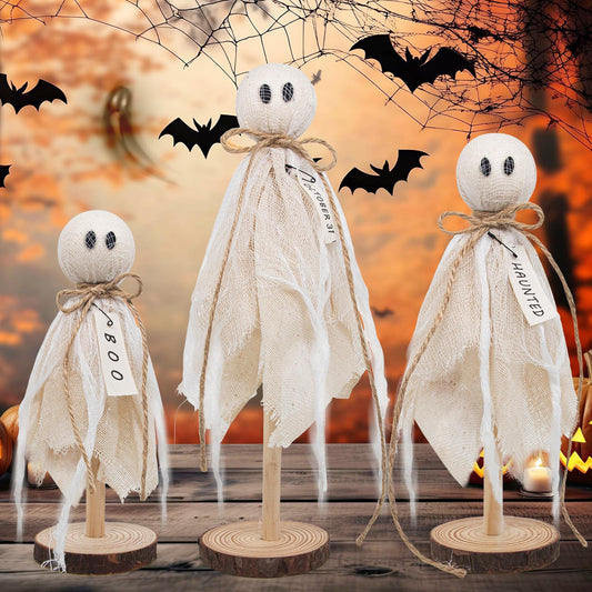 Wooden Ghost Halloween Decorations Indoor– Set of 3 Sizes Rustic Shelf Sitters with Fabric Ghost Figures – Halloween Table Decor for Tiered Tray, Mantel, Halloween Party Supplies（White）