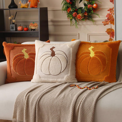 Allorry Fall Pillow Covers 18x18 Set of 2 Fall Beige Pumpkin Embroidery Throw Pillow Covers Soft Plush Faux Fur Cushion Covers for Sofa Bedroom Living Room Autumn Thanksgiving Home Decor PT-010A18
