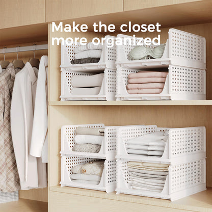 Pinkpum Stackable Plastic Storage Basket, Foldable Closet Organizers and Storage Bins 4 Pack Drawer Shelf Storage Container for Wardrobe Kitchen Bathroom Office Dorm White