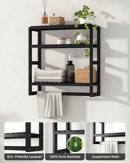 Galood Over The Toilet Storage Bathroom Shelves Wall Mounted 3 Tier Space Saver Corner Shelf Organizer Bamboo Towel Rack Toilet Paper Cabinet with Hanging Rod Black