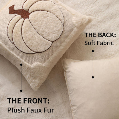 Allorry Fall Pillow Covers 18x18 Set of 2 Fall Beige Pumpkin Embroidery Throw Pillow Covers Soft Plush Faux Fur Cushion Covers for Sofa Bedroom Living Room Autumn Thanksgiving Home Decor PT-010A18
