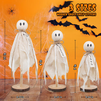 Wooden Ghost Halloween Decorations Indoor– Set of 3 Sizes Rustic Shelf Sitters with Fabric Ghost Figures – Halloween Table Decor for Tiered Tray, Mantel, Halloween Party Supplies（White）