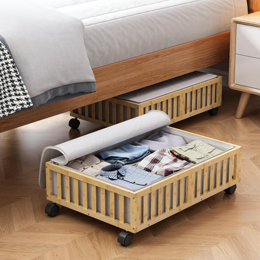 Bamboo Under Bed Storage Containers with Wheels, 2 Pack Under the Bed Shoe Storage Bins, Wood Rolling Underbed Drawers with Bag Organizer for Bedroom, Sheets Clothes Blanket Comforter, Under Crib Toy