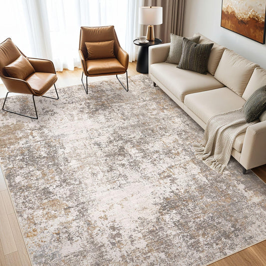 Area Rugs for Living Room: 10x12 Large Soft Washable Rug Modern Abstract Non-Slip Backing Stain Resistant Carpet for Bedroom Dining Room or Home Office Home Decor - Brown