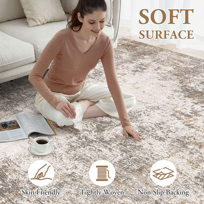 Area Rugs for Living Room: 10x12 Large Soft Washable Rug Modern Abstract Non-Slip Backing Stain Resistant Carpet for Bedroom Dining Room or Home Office Home Decor - Brown