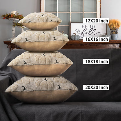 4TH Emotion Fall Pumpkins Decorative Pillow Covers 18x18 Set of 2, Beige Soft Plush Faux Fur Wool Farmhouse Throw Cushion Cases for Autumn Thanksgiving Holiday Home Decorations