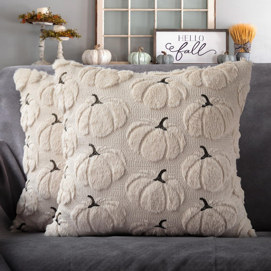 4TH Emotion Fall Pumpkins Decorative Pillow Covers 18x18 Set of 2, Beige Soft Plush Faux Fur Wool Farmhouse Throw Cushion Cases for Autumn Thanksgiving Holiday Home Decorations