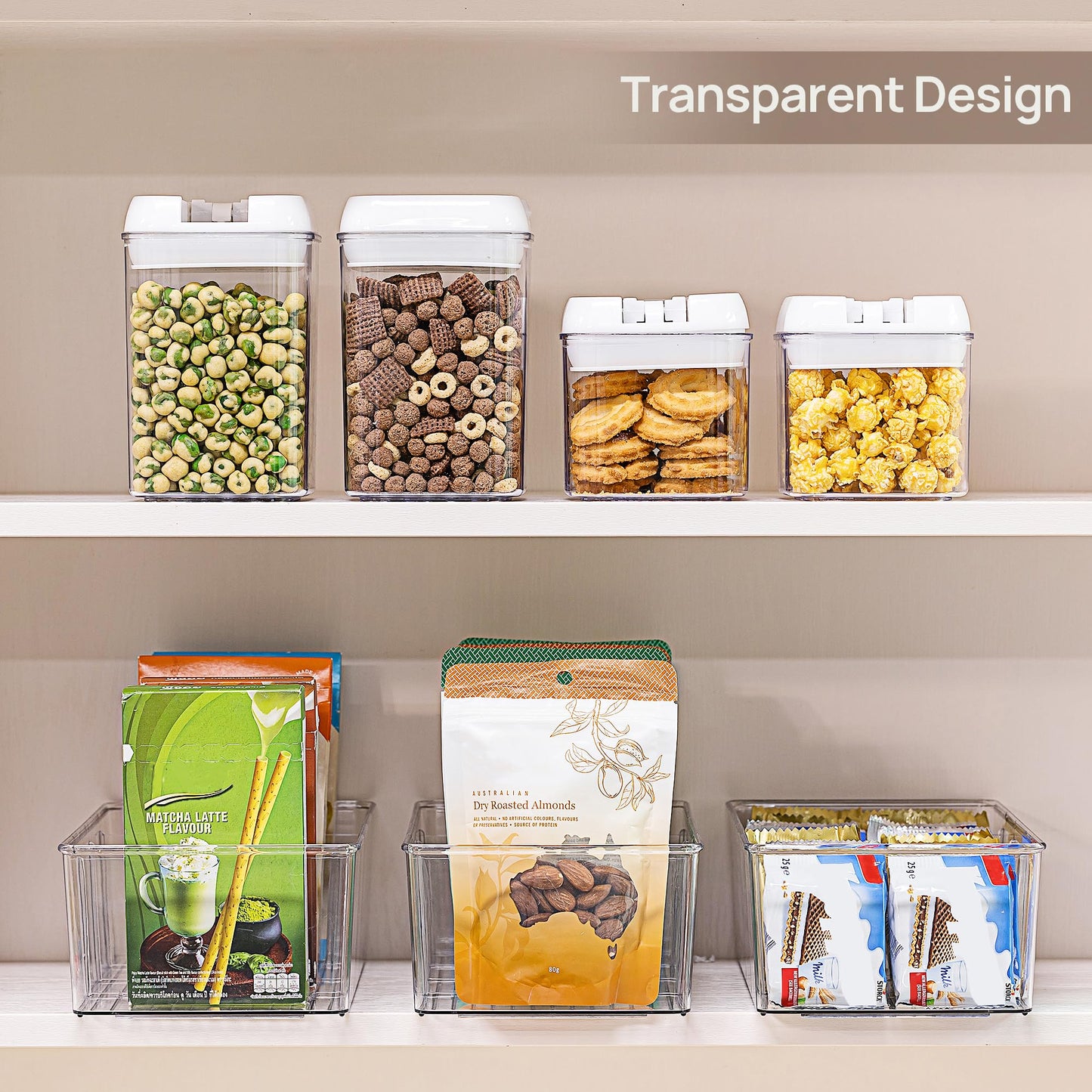 Vtopmart 8 Pack Food Storage Organizer Bins, Clear Plastic Bins for Pantry, Kitchen, Fridge, Cabinet Organization and Storage, 4 Compartment Holder for Packets, Snacks, Pouches, Spice Packets