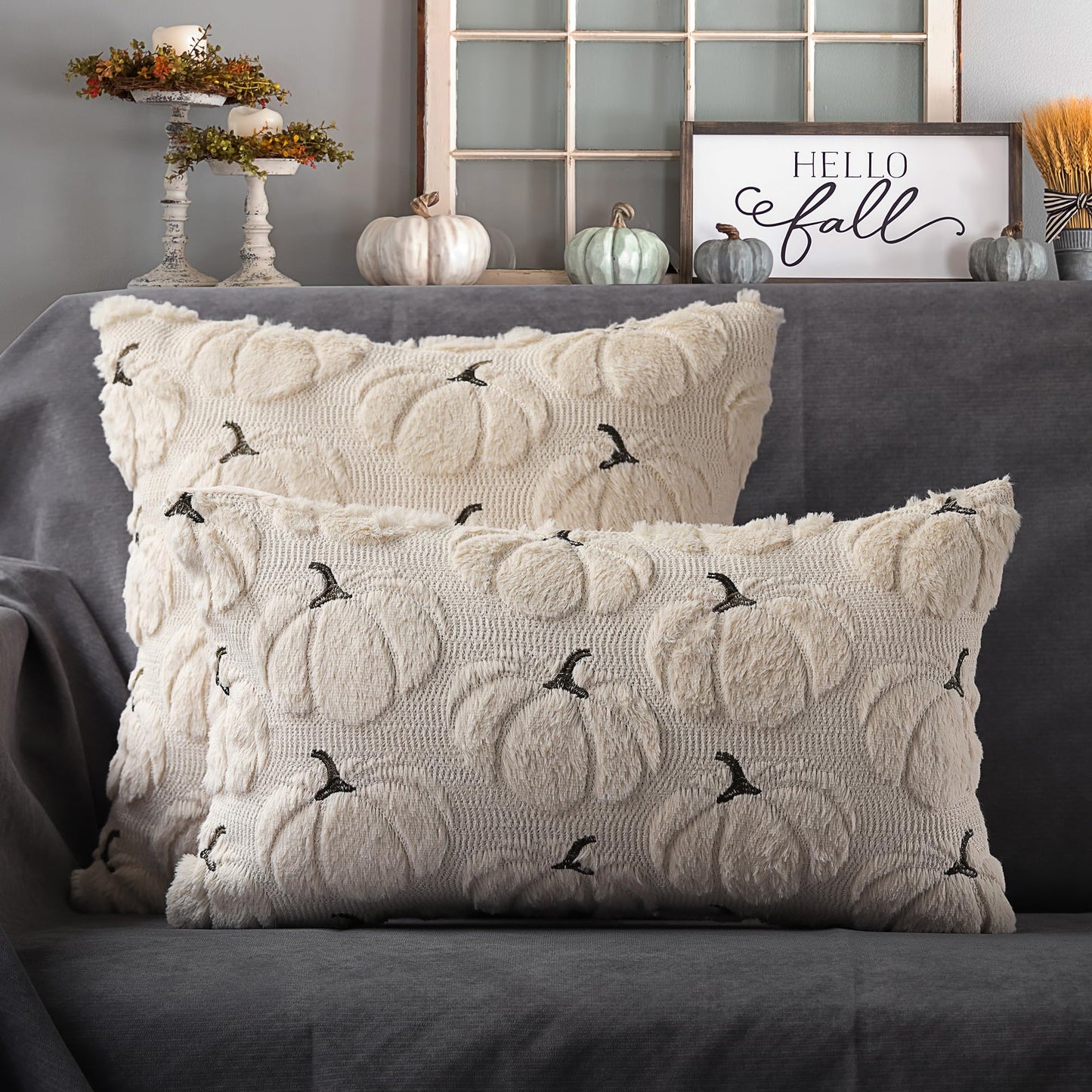 4TH Emotion Fall Pumpkins Decorative Pillow Covers 18x18 Set of 2, Beige Soft Plush Faux Fur Wool Farmhouse Throw Cushion Cases for Autumn Thanksgiving Holiday Home Decorations