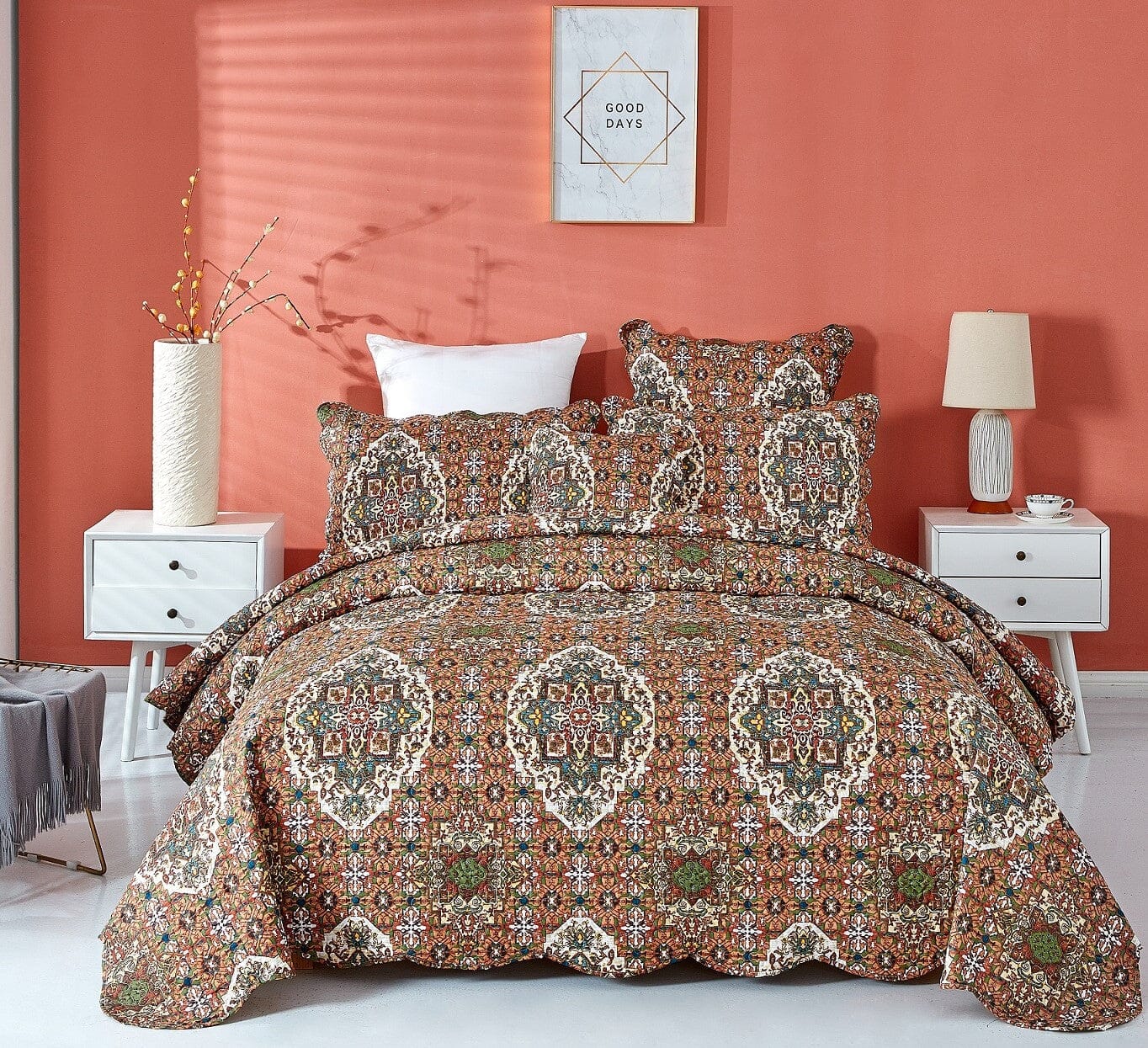 DaDa Bedding Rustic Earthy Cross Motif Folk Ogee Moroccan Scalloped